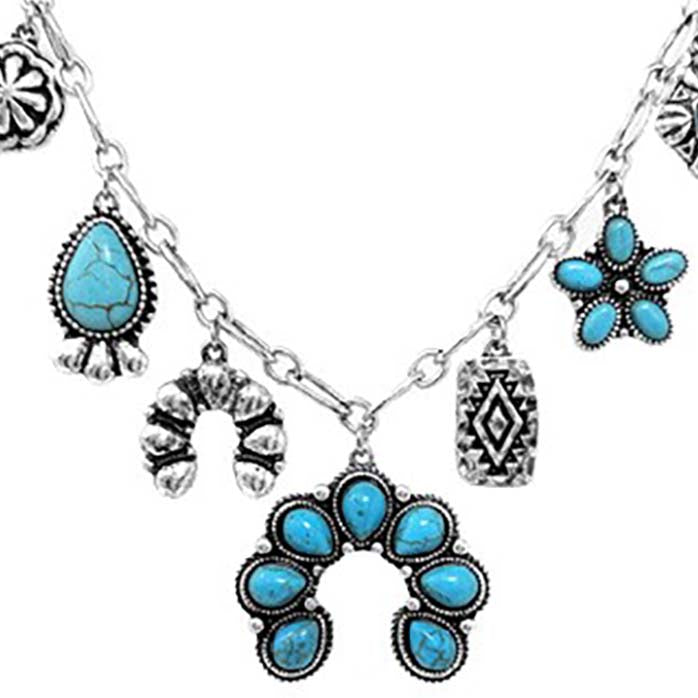 Western Squash Blossom Charm Necklace, Turquoise Howlite Stone, Silver Tone, 7 Charms, 20"+3" Extender