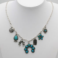 Western Squash Blossom Charm Necklace, Turquoise Howlite Stone, Silver Tone, 7 Charms, 20"+3" Extender