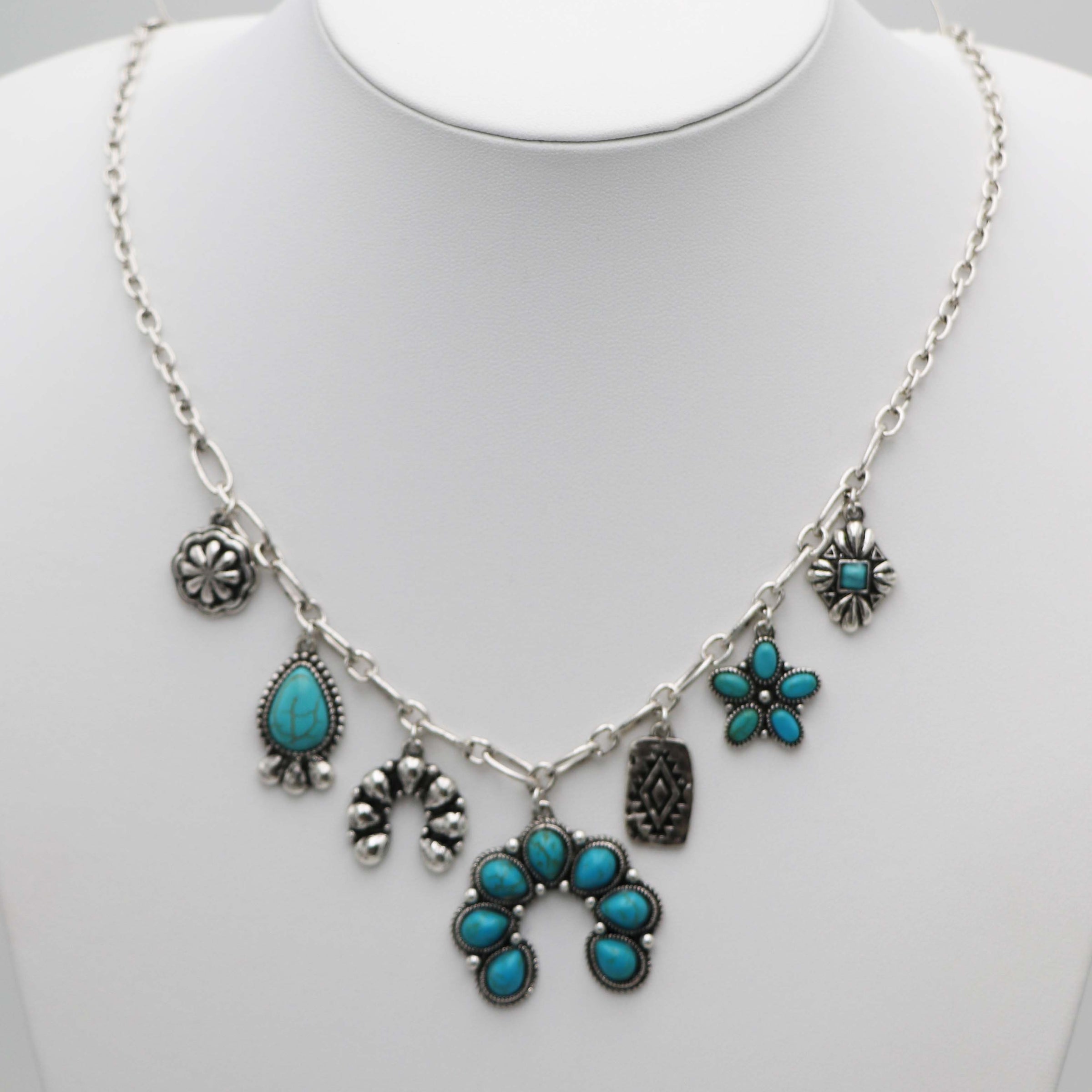 Western Squash Blossom Charm Necklace, Turquoise Howlite Stone, Silver Tone, 7 Charms, 20"+3" Extender