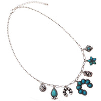 Western Squash Blossom Charm Necklace, Turquoise Howlite Stone, Silver Tone, 7 Charms, 20"+3" Extender