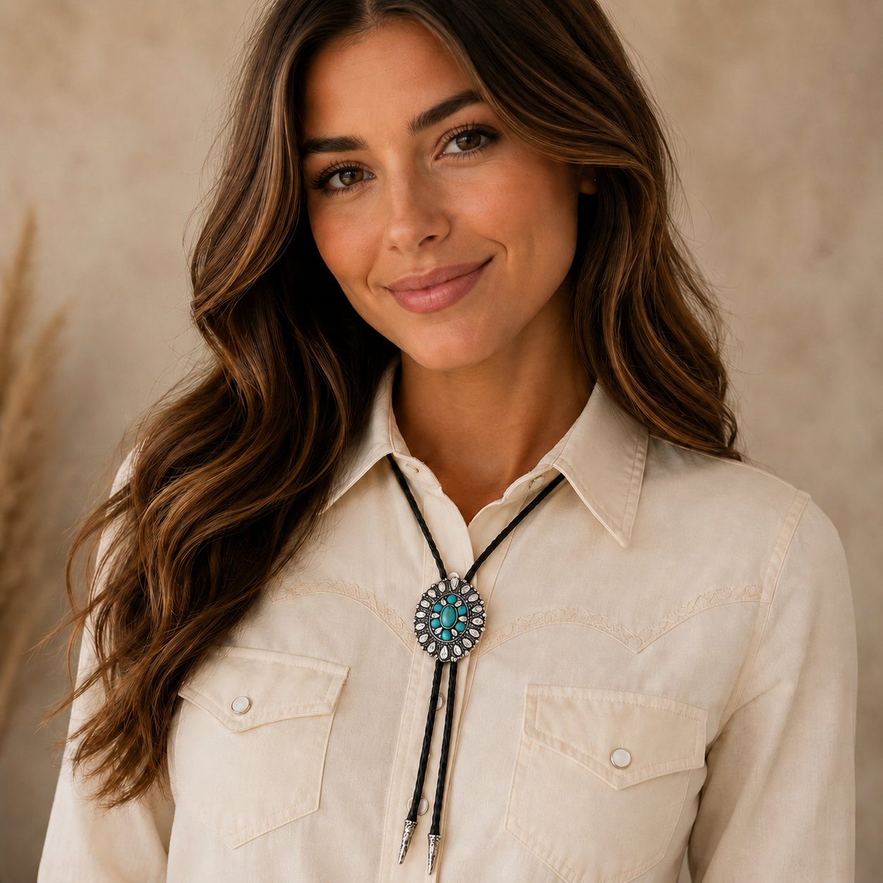 Vintage Feel Western Bolo Tie, Pendant with Silver Tone Accents, Black Braided Faux Leather, 37"