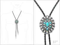 Vintage Feel Western Bolo Tie, Pendant with Silver Tone Accents, Black Braided Faux Leather, 37" (Burnished Silver Concho with Turquoise, Black)