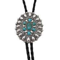 Vintage Feel Western Bolo Tie, Pendant with Silver Tone Accents, Black Braided Faux Leather, 37" (Burnished Silver Concho with Turquoise, Black)