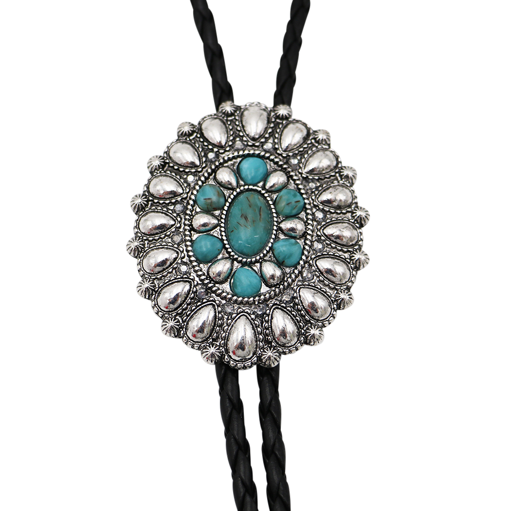 Vintage Feel Western Bolo Tie, Pendant with Silver Tone Accents, Black Braided Faux Leather, 37" (Burnished Silver Concho with Turquoise, Black)