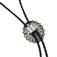 Vintage Feel Western Bolo Tie, Pendant with Silver Tone Accents, Black Braided Faux Leather, 37" (Burnished Silver Concho with Turquoise, Black)