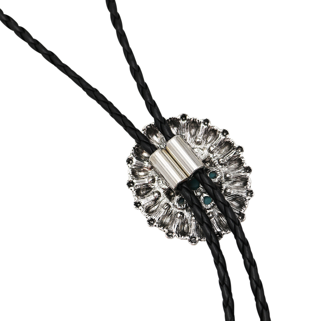 Vintage Feel Western Bolo Tie, Pendant with Silver Tone Accents, Black Braided Faux Leather, 37" (Burnished Silver Concho with Turquoise, Black)