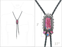 Vintage Feel Western Bolo Tie, Pendant with Silver Tone Accents, Black Braided Faux Leather, 37" (Burnished Silver, Pink Bar, Black)