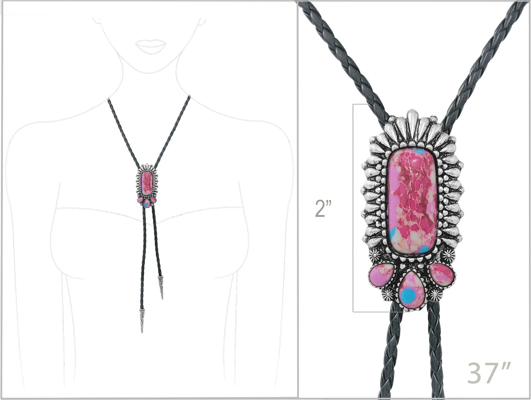 Vintage Feel Western Bolo Tie, Pendant with Silver Tone Accents, Black Braided Faux Leather, 37" (Burnished Silver, Pink Bar, Black)