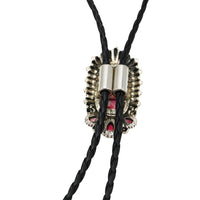 Vintage Feel Western Bolo Tie, Pendant with Silver Tone Accents, Black Braided Faux Leather, 37" (Burnished Silver, Pink Bar, Black)