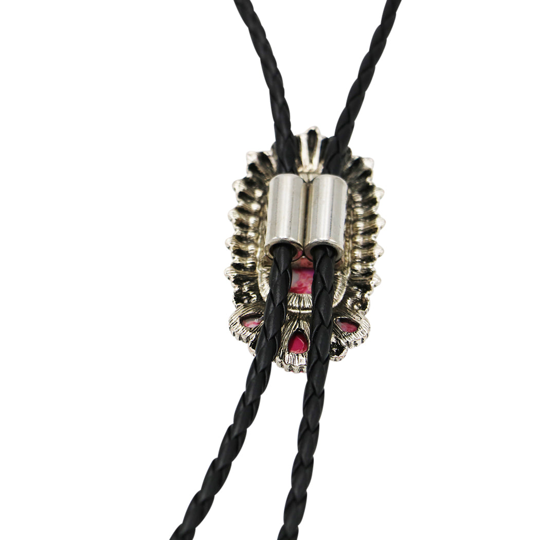 Vintage Feel Western Bolo Tie, Pendant with Silver Tone Accents, Black Braided Faux Leather, 37" (Burnished Silver, Pink Bar, Black)