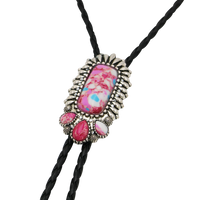 Vintage Feel Western Bolo Tie, Pendant with Silver Tone Accents, Black Braided Faux Leather, 37" (Burnished Silver, Pink Bar, Black)