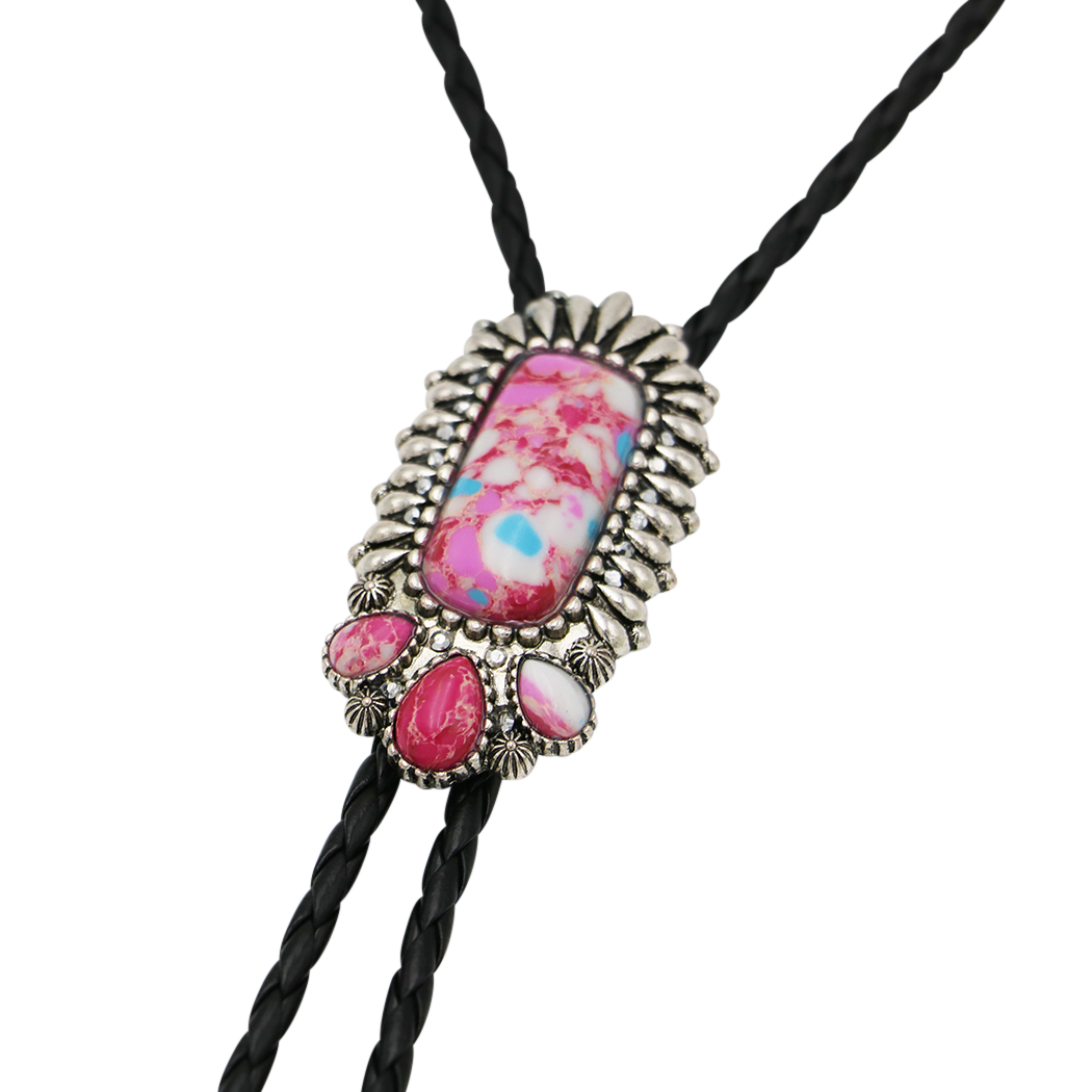 Vintage Feel Western Bolo Tie, Pendant with Silver Tone Accents, Black Braided Faux Leather, 37" (Burnished Silver, Pink Bar, Black)