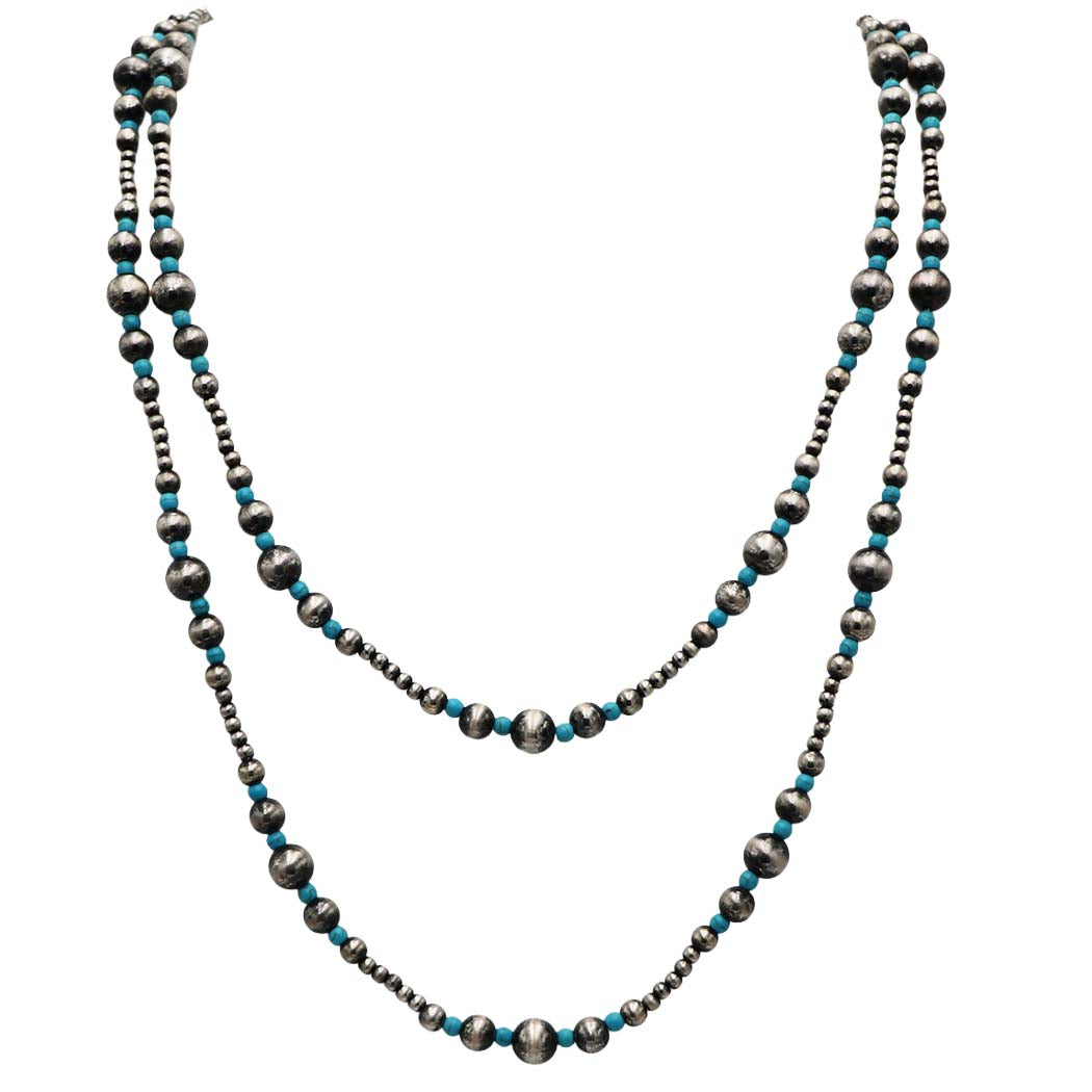Extra Long Navajo Pearl And Turquoise Howlite Bead Statement Western Layering Strand Necklace, 60-63"