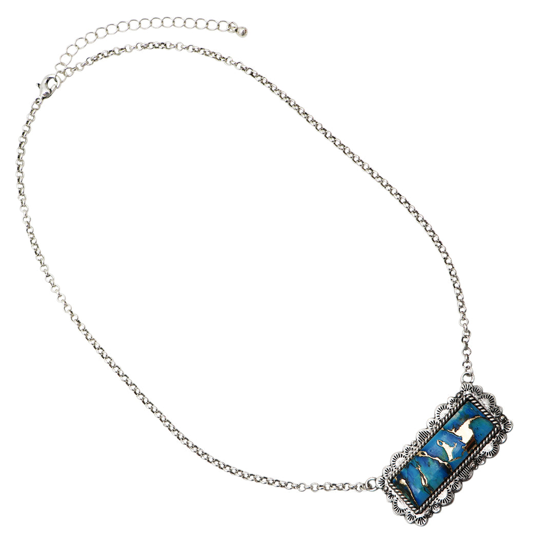 Burnished Silver Bar Necklace with Turquoise and Gold Pendant
