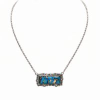 Burnished Silver Bar Necklace with Turquoise and Gold Pendant