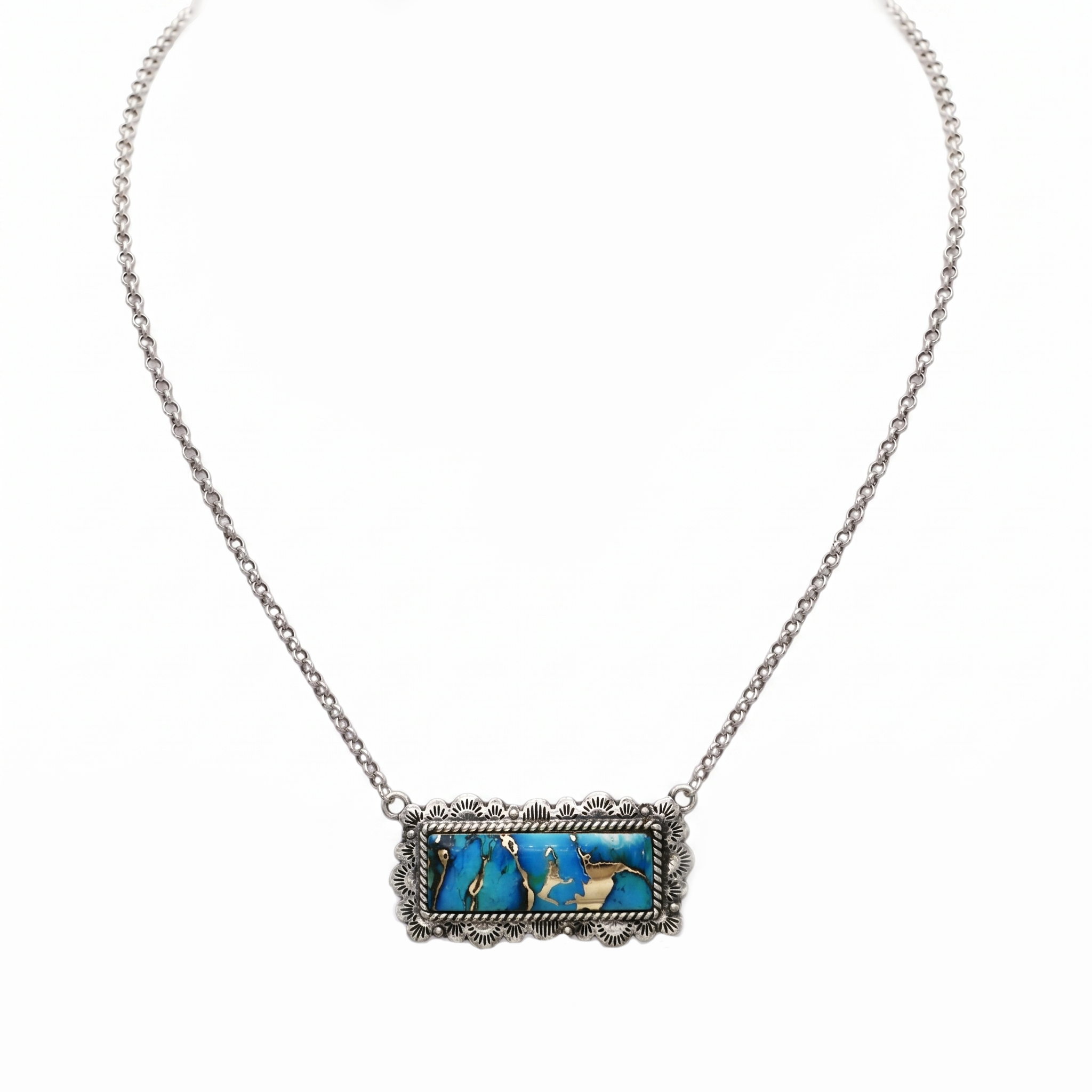Burnished Silver Bar Necklace with Turquoise and Gold Pendant