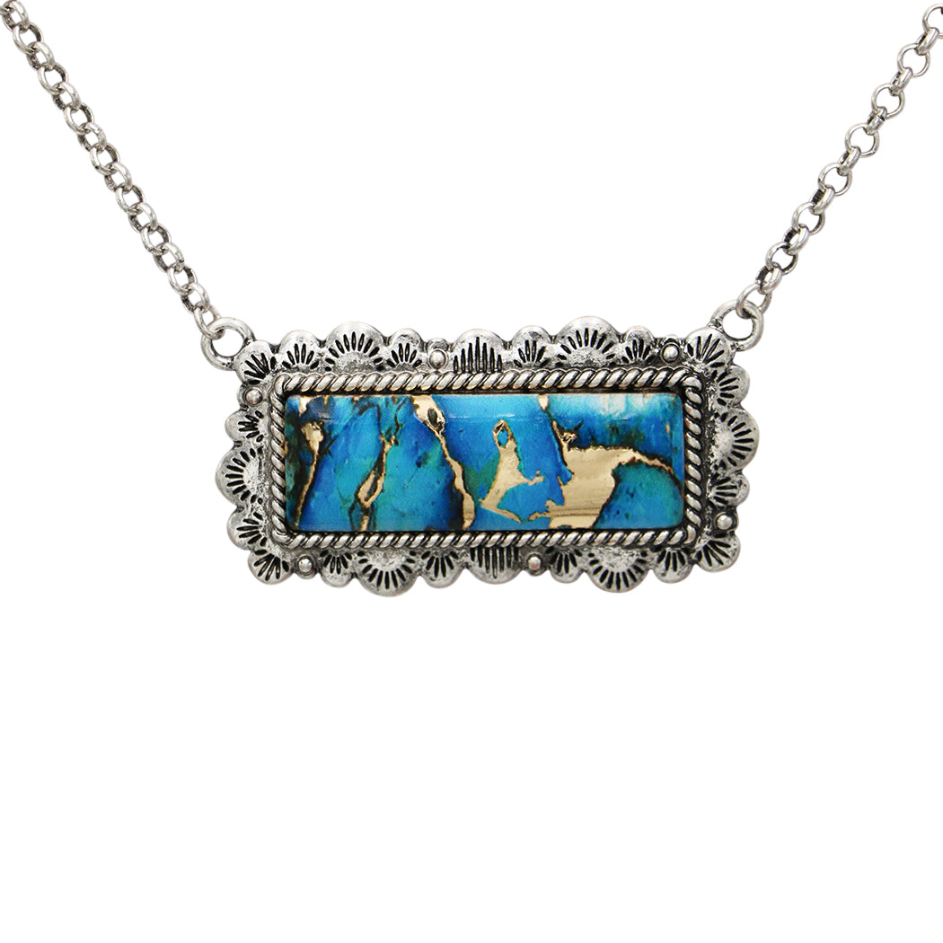 Burnished Silver Bar Necklace with Turquoise and Gold Pendant