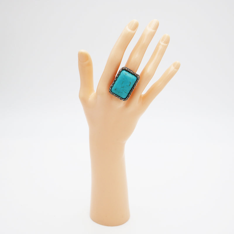 Statement Size Western Chic Rectangular Semi Precious Turquoise Howlite Stone Stretch Cocktail Ring