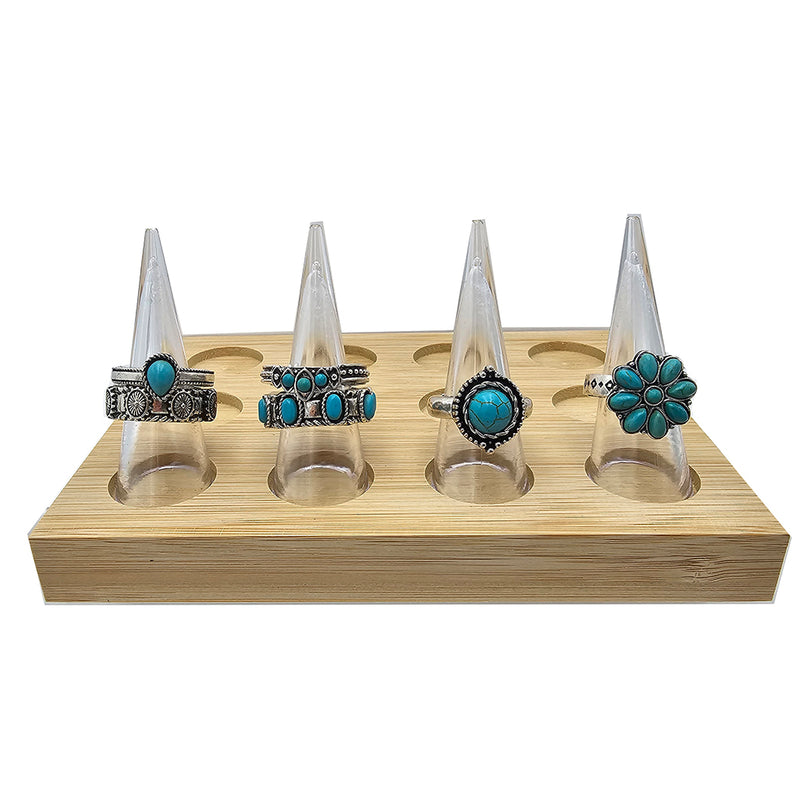 Western Style Set Of 6 Semi Precious Turquoise Howlite Stone Burnished Silver Tone Stackable Stretch Band Rings, 7.5