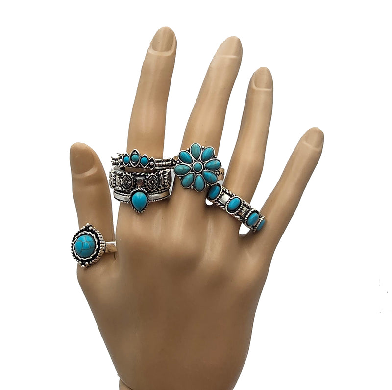 Western Style Set Of 6 Semi Precious Turquoise Howlite Stone Burnished Silver Tone Stackable Stretch Band Rings, 7.5