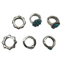 Western Style Set Of 6 Semi Precious Turquoise Howlite Stone Burnished Silver Tone Stackable Stretch Band Rings, 7.5