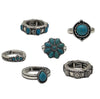 Western Style Set Of 6 Semi Precious Turquoise Howlite Stone Burnished Silver Tone Stackable Stretch Band Rings, 7.5