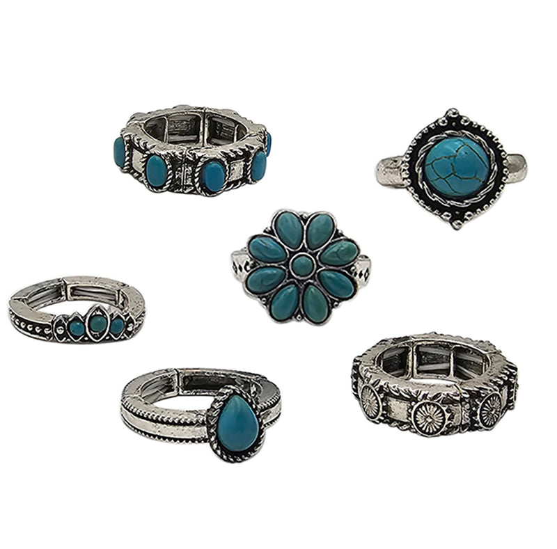 Western Style Set Of 6 Semi Precious Turquoise Howlite Stone Burnished Silver Tone Stackable Stretch Band Rings, 7.5