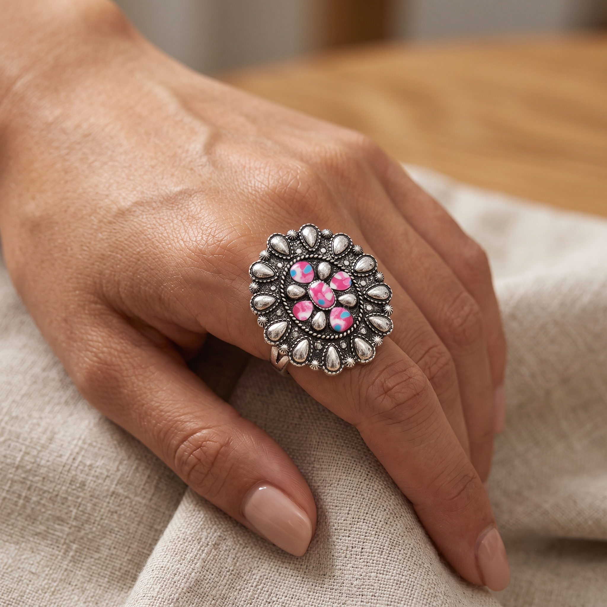 Western Statement Ring, Vintage Style Adjustable Stretch Rings Size 7.5-9 (Pink Concho 1.5")