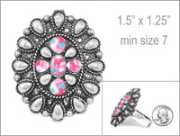 Western Statement Ring, Vintage Style Adjustable Stretch Rings Size 7.5-9 (Pink Concho 1.5")