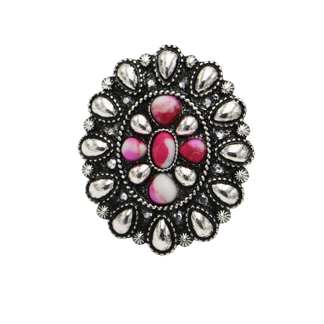 Western Statement Ring, Vintage Style Adjustable Stretch Rings Size 7.5-9 (Pink Concho 1.5")