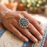 Western Statement Ring, Vintage Style Adjustable Stretch Rings Size 7.5-9 (Blue Concho 1.5")