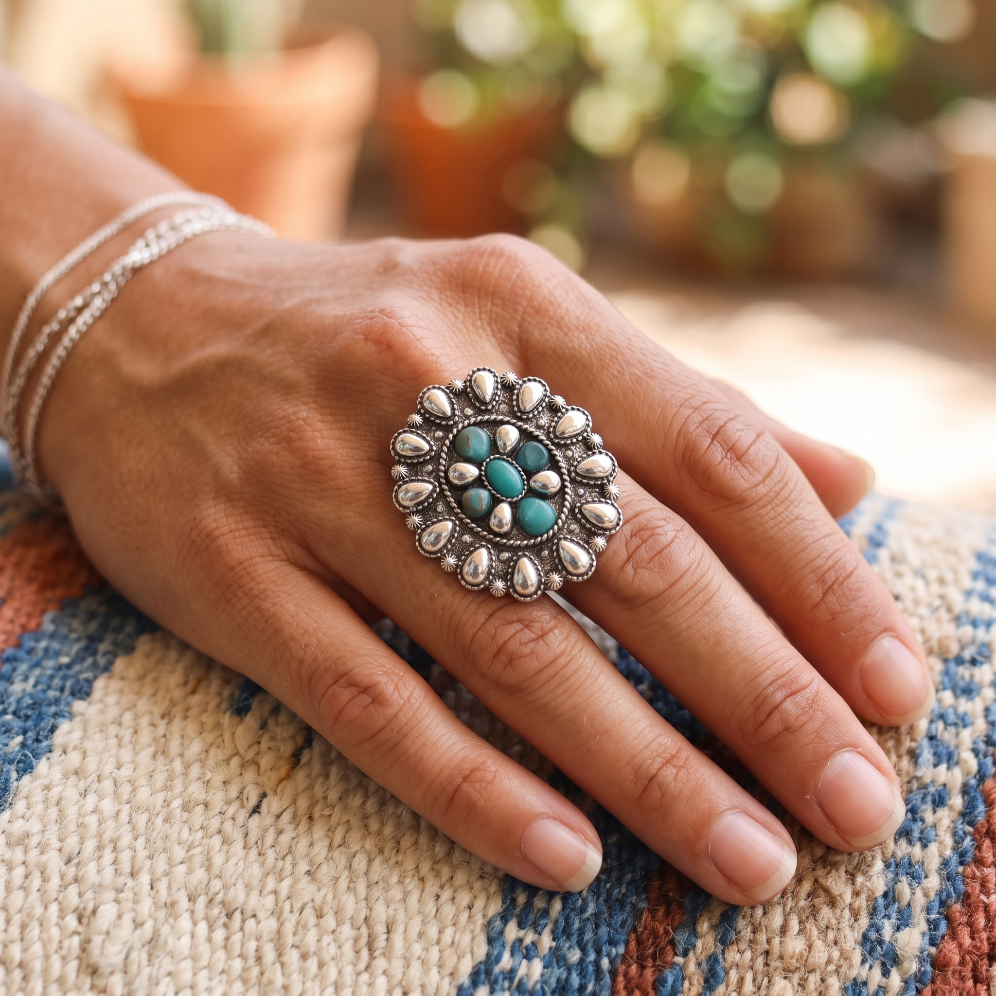Western Statement Ring, Vintage Style Adjustable Stretch Rings Size 7.5-9 (Blue Concho 1.5")