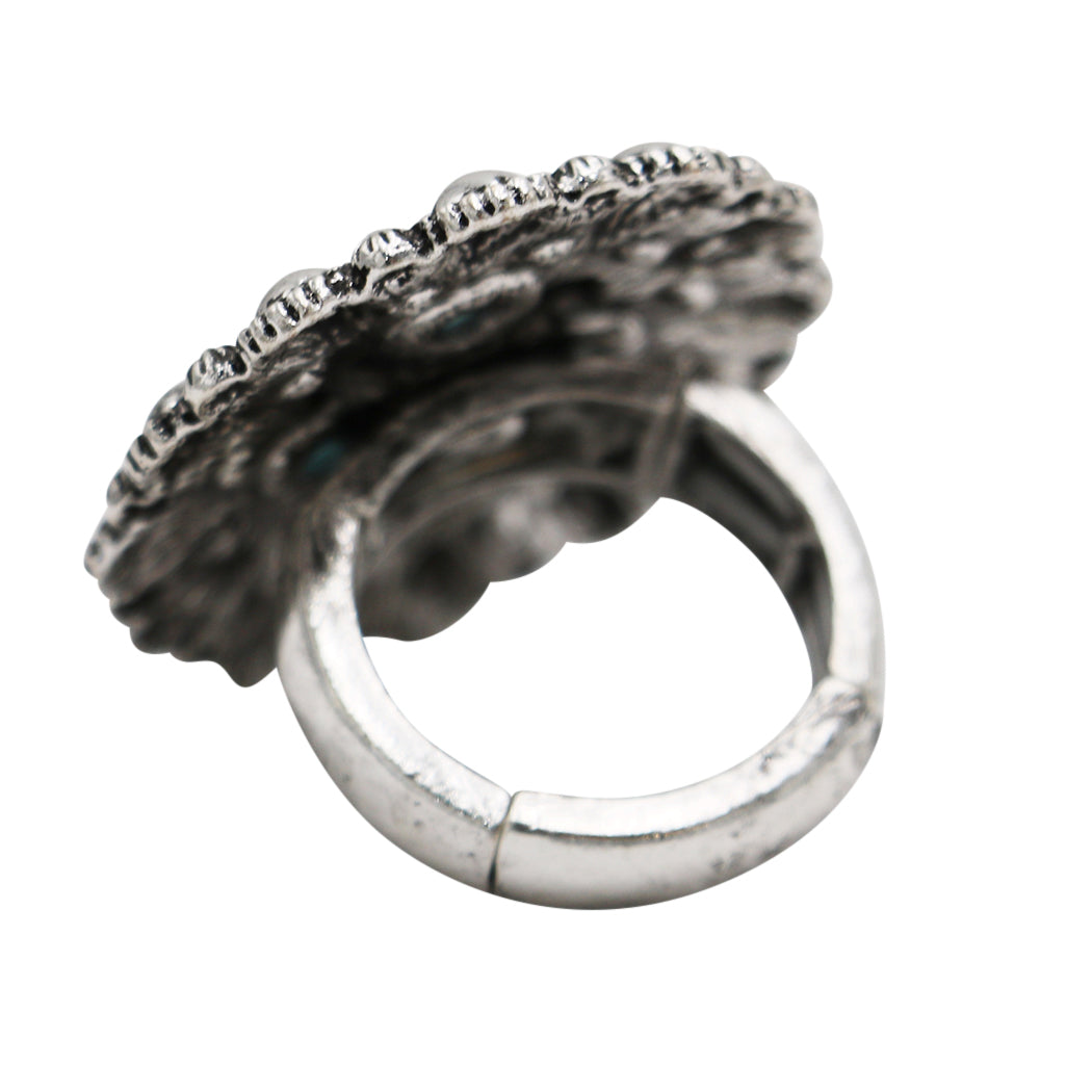 Western Statement Ring, Vintage Style Adjustable Stretch Rings Size 7.5-9 (Blue Concho 1.5")