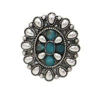 Western Statement Ring, Vintage Style Adjustable Stretch Rings Size 7.5-9 (Blue Concho 1.5")