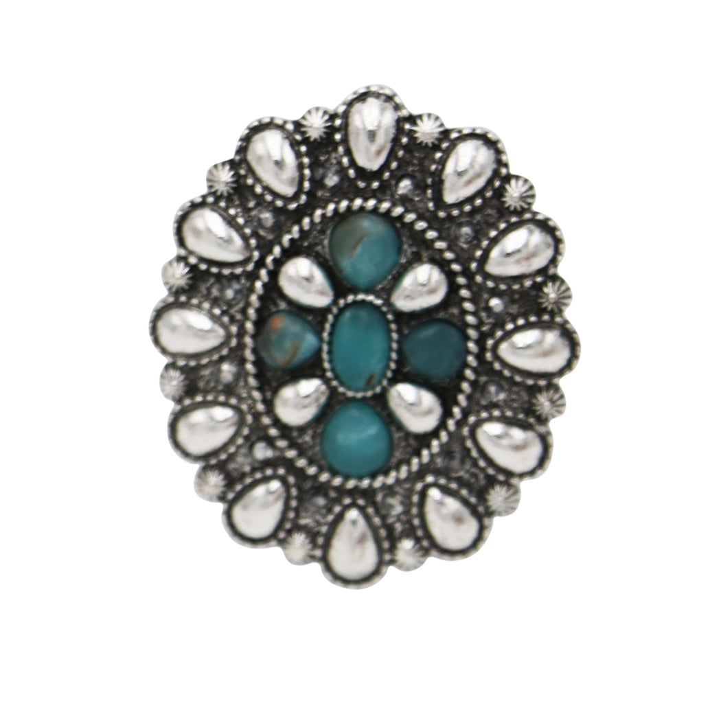 Western Statement Ring, Vintage Style Adjustable Stretch Rings Size 7.5-9 (Blue Concho 1.5")