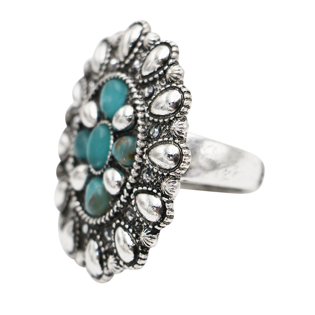 Western Statement Ring, Vintage Style Adjustable Stretch Rings Size 7.5-9 (Blue Concho 1.5")