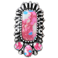 Western Boho Pink Howlite Stretch Statement Ring Silver-Tone