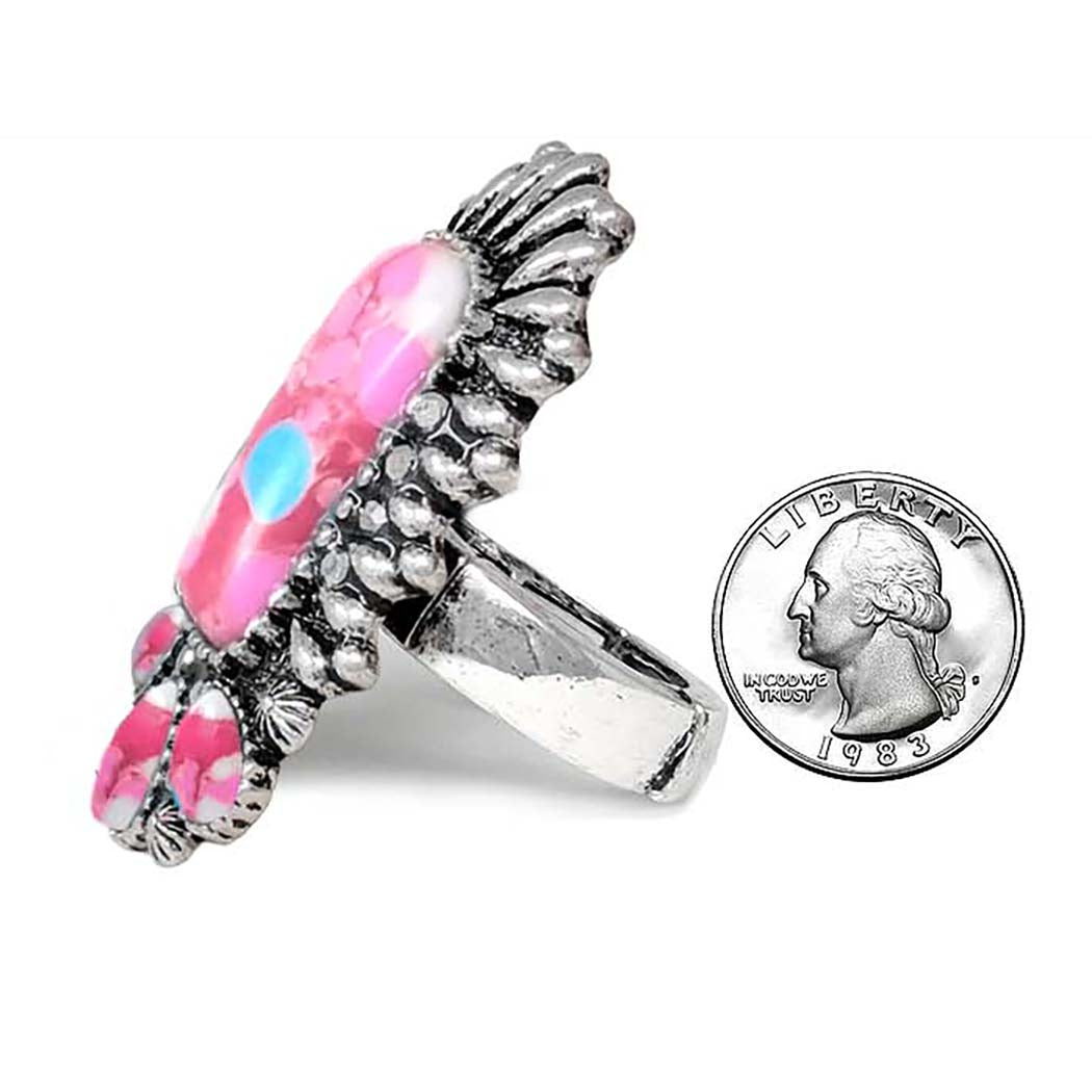 Western Boho Pink Howlite Stretch Statement Ring Silver-Tone