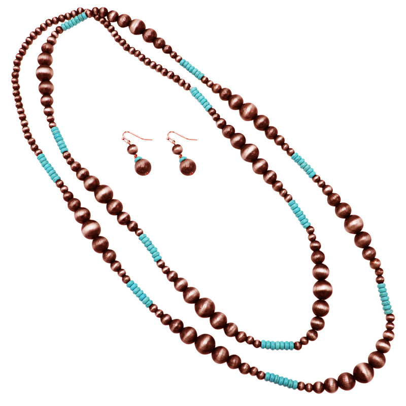 Women's Extra Long Metallic Silver Tone With Turquoise Beads Statement Necklace And Earrings Jewelry Gift Set, 60"