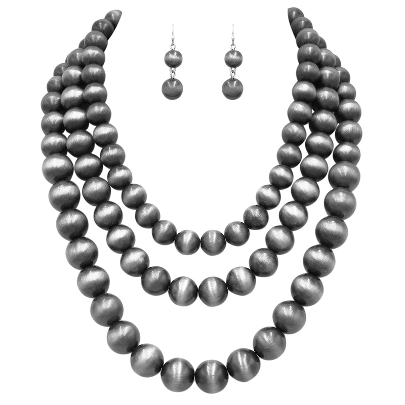 Multi Strand Western Style Metallic Pearl Bead Necklace Earrings Set, 18"+3" Extender