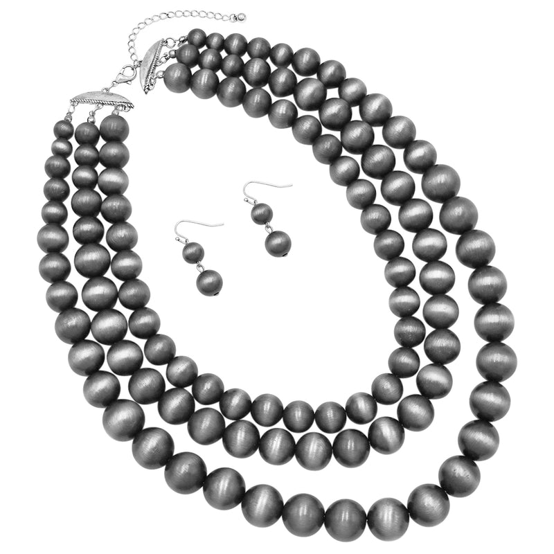 Multi Strand Western Style Metallic Pearl Bead Necklace Earrings Set, 18"+3" Extender