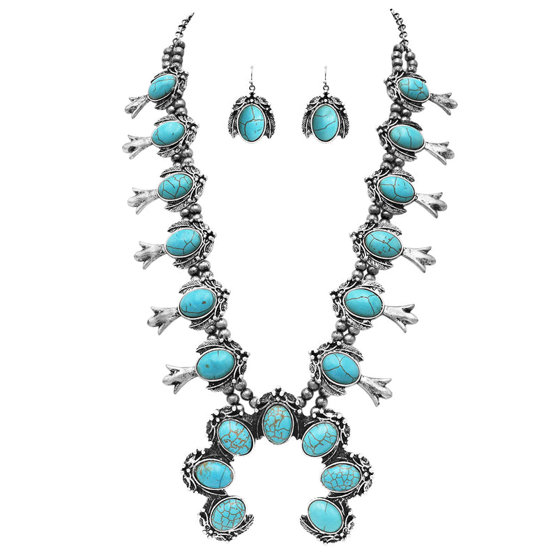 Statement Western Howlite Squash Blossom Necklace Earrings Set, 24"+3" Extension (Burnished Silver Tone Turquoise Stone)
