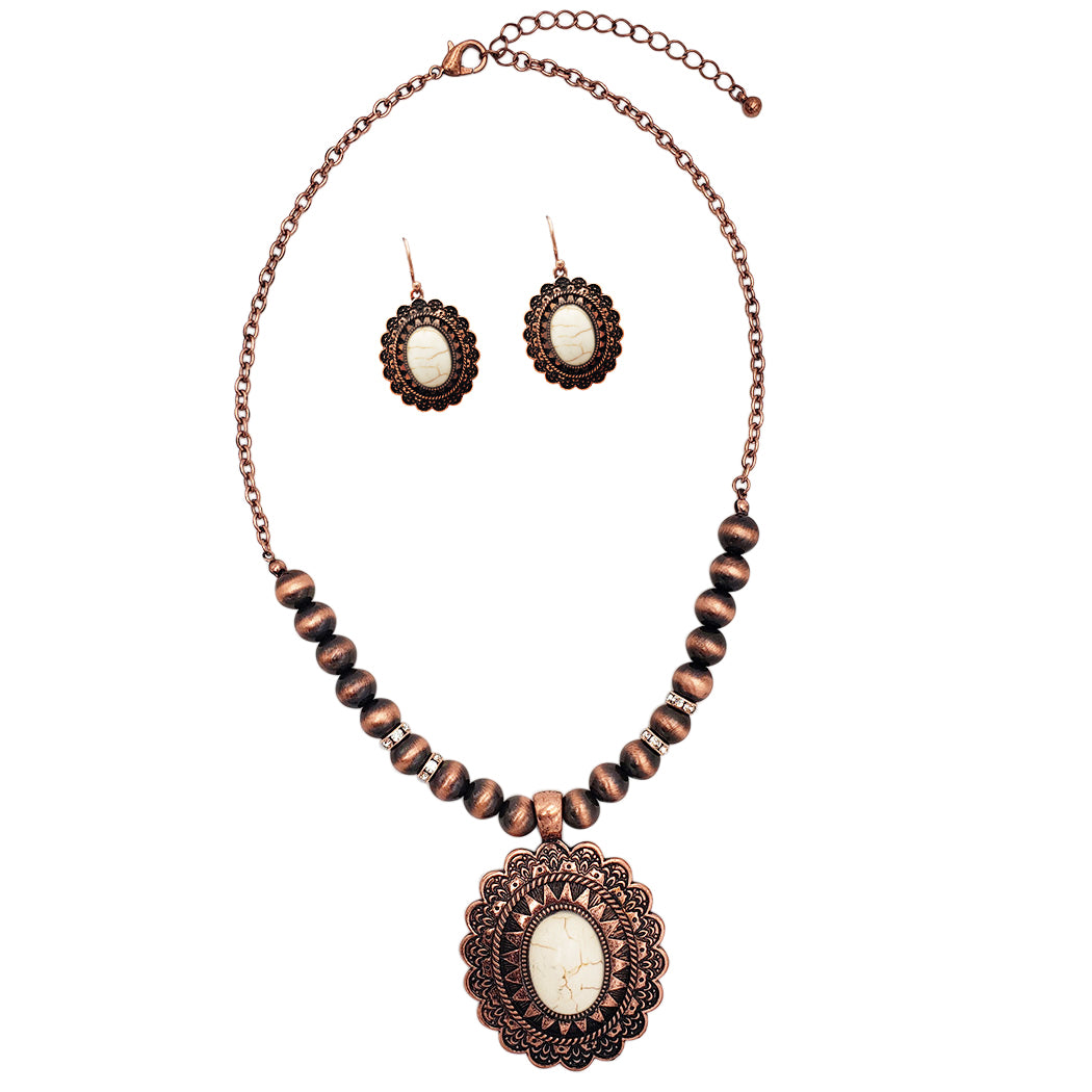 Women's Cowgirl Chic Western Style Statement Concho Howlite Stone Pendant Necklace Earrings Set, 18"+ 3" Extender