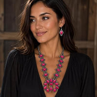 Cowgirl Chic Western Necklaces for Women with Semi-Precious Howlite Stone & Earrings - Squash Blossom Necklace & Earrings Set for Special Occasions & Everyday Wear (Rose Red)