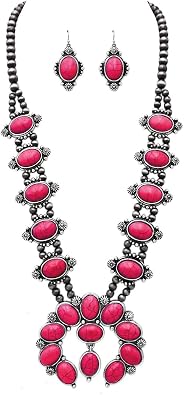 Cowgirl Chic Western Necklaces for Women with Semi-Precious Howlite Stone & Earrings - Squash Blossom Necklace & Earrings Set for Special Occasions & Everyday Wear (Rose Red)