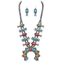 Women's Statement Natural Howlite Stone Western Squash Blossom Necklace Earring Jewelry Set, 27"+3" Extension
