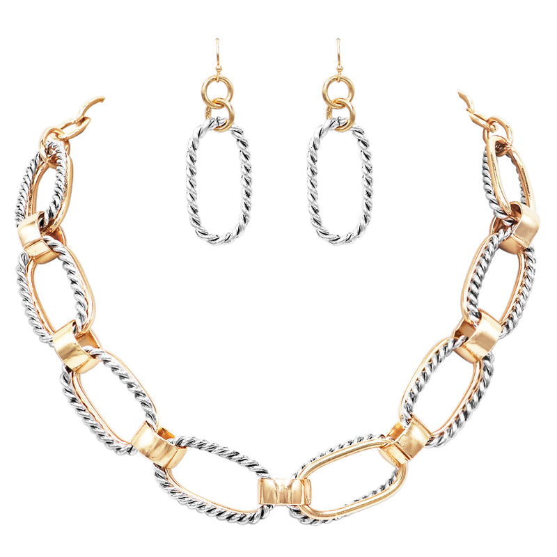 Chic Two Tone Intertwined Paperclip Links Textured Chain Necklace Earrings Gift Set, 18"+3" Extender