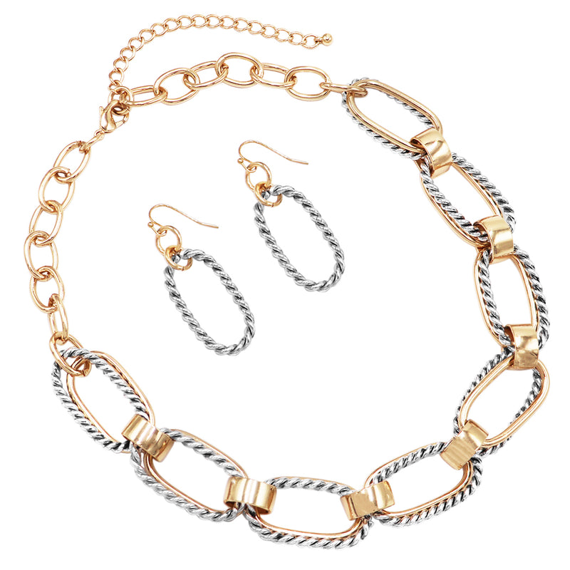 Chic Two Tone Intertwined Paperclip Links Textured Chain Necklace Earrings Gift Set, 18"+3" Extender