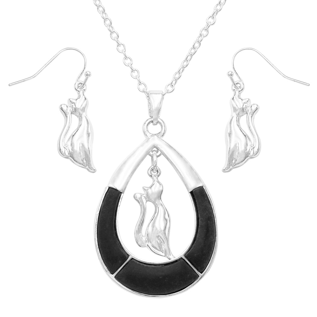 Sleek Polished Silver Toned Cat Silhouette Black Howlite Stone Teardrop Pendant Necklace Earrings Halloween Set, 18)