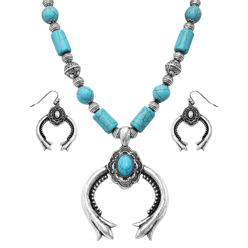 Cowgirl Chic Squash Blossom Pendant On Unique Turquoise Howlite Bead Western Necklace With Earrings, 18"+3" Extension